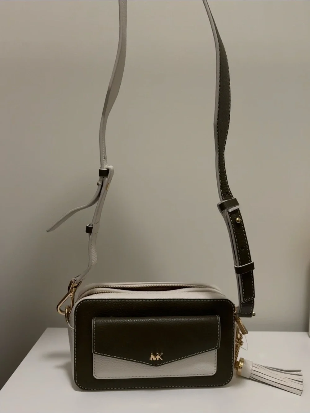 Michael Kors Olive and White Leather Crossbody